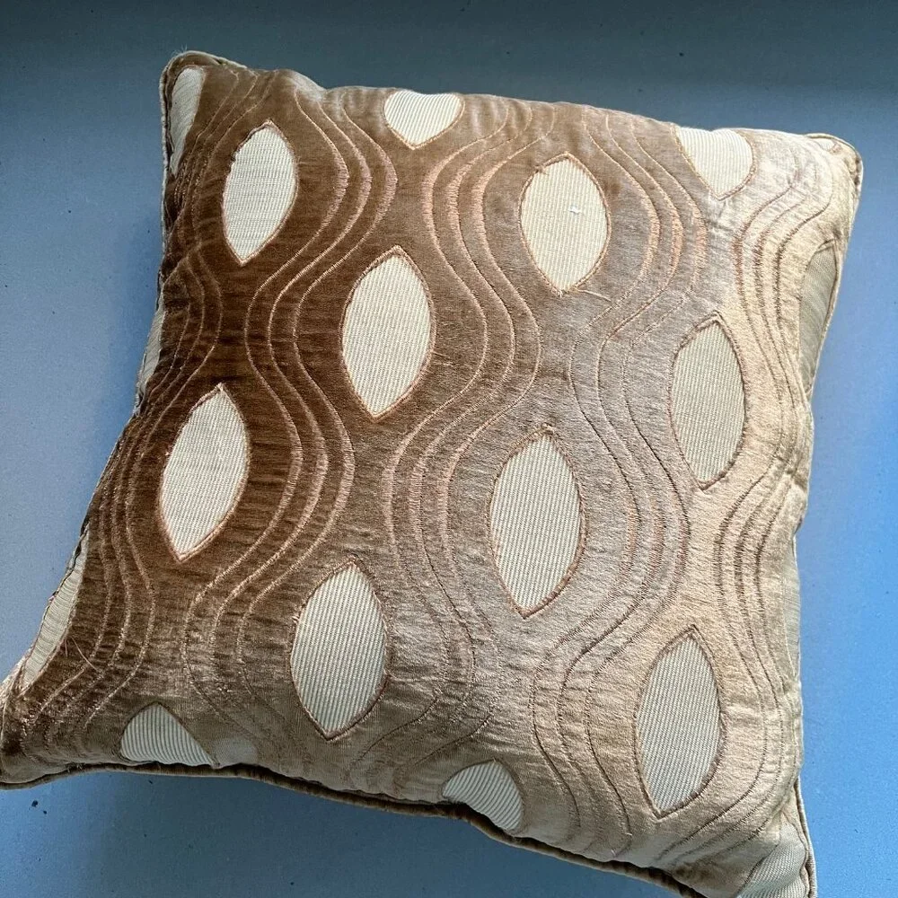 Mid-Century Vintage Velvet Gold Cat Eye Pattern Down Feather Pillows, Set of 2